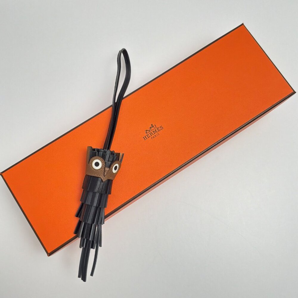HERMES Chouette Owl Bag Charm Black, Alezan, & Gris Misty Milo & Swift Leather